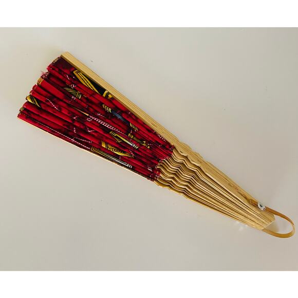 Unique Red Black and Yellow Diamond Shape Cotton Fabric Handmade Fan w/ Handle - Picture 2 of 5